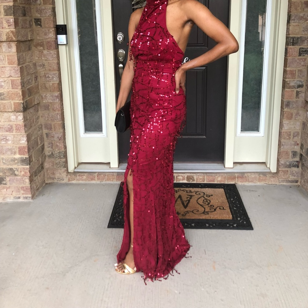 Deep red shingle sequence occasion dress